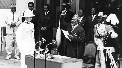 Photo of Jomo Kenyatta being sworn-in as Prime Minister, in Nairobi.