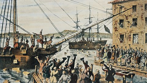 Painting of the Boston Tea Party, English tea chests thrown overboard in Boston Harbor by colonists, December 16, 1773.