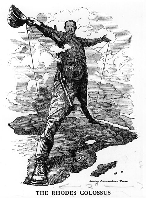 A caricature of Cecil Rhodes standing on a map of Africa.