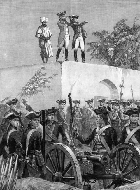 Illustration of Robert Clive on the roof of the Nawab Siraj Ud Daulah's hunting lodge, examining the enemy lines during the Battle of Plassey.