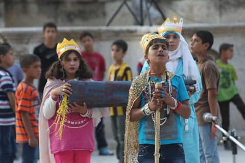 Children performing King Lear at the Zaatari refugee camp in 2014. 