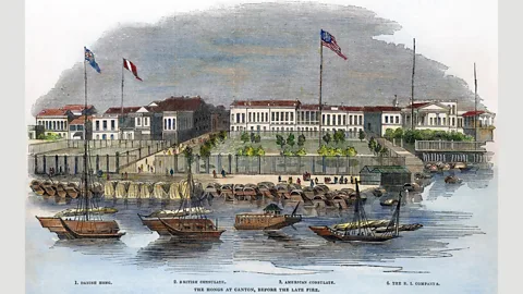 Granger, NYC./Alamy The trading establishments of Denmark and the East India Company, along with the British and US consulates, at Canton, China, in 1844 (Credit: Granger, NYC./Alamy)