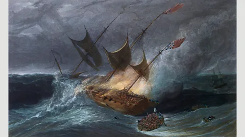 William Daniell/Lebrecht Music and Arts Photo Library/Alamy Fire destroyed the ship Kent in the Bay of Biscay in 1825 on its voyage to Bengal and China (Credit: William Daniell/Lebrecht Music and Arts Photo Library/Alamy)
