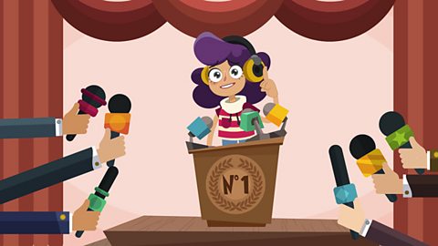 Illustrated teenage prime minister takes questions from reporters.