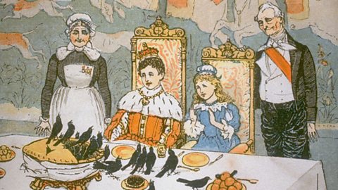 An illustration of pie full of blackbirds 