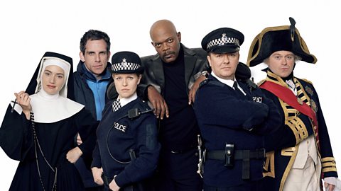 From left to right: Kate Winslet, Ben Stiller, Ashley Jensen, Samuel L. Jackson, Ricky Gervais and Ross Kemp in the TV show Extras