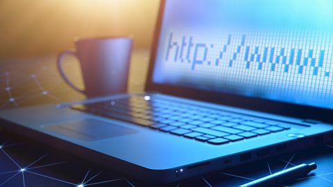 Laptop computer connected to internet network with url on screen