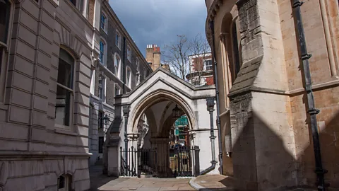 Amanda Ruggeri Looking from the Temple Church courtyard toward its original entrance, now sunken beneath modern street level (Credit: Amanda Ruggeri)