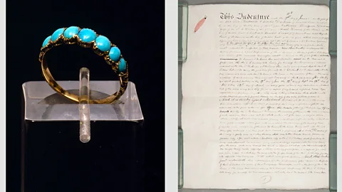 Charles Dickens Museum The engagement ring that Charles gave Catherine in 1835, left, and the couple’s draft deed of separation in 1858, right (Credit: Charles Dickens Museum)