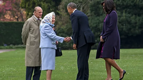 Getty Images The Queen recently sported her signature headscarf to greet the Obamas – signalling an informal mood (Credit: Getty Images)