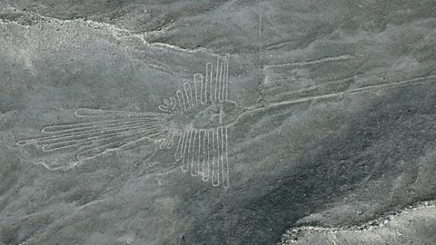 Nazca Lines showing markings in the ground that make a hummingbird, Nazca Desert, Peru