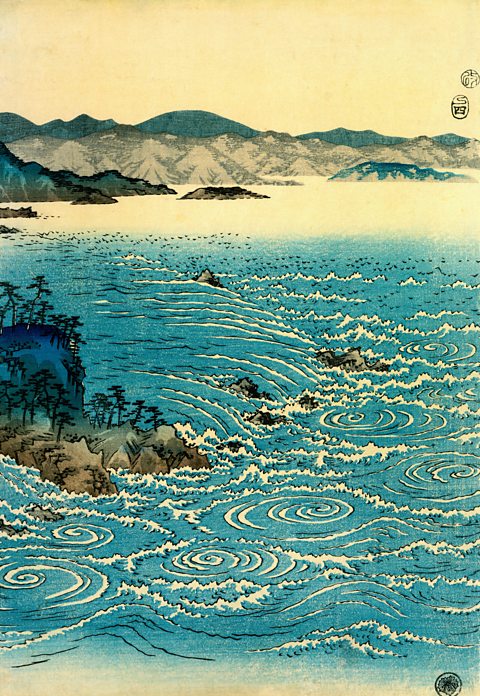 View of the Whirlpools at Awa, from an untitled set of three triptychs, Utagawa Hiroshige, 1857, woodblock print