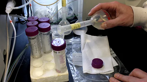 Chris Baraniuk A lab technician measures one of the food samples for testing (Credit: Chris Baraniuk)