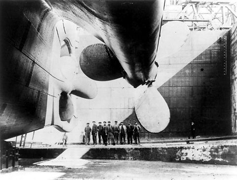 RMS Titanic before launch, Harland & Wolff shipyards, Belfast, 1911