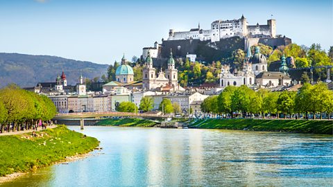 Beautiful view of Salzburg skyline with Festung Hohensalzburg and Salzach river in summer, Salzburg, Salzburger Land, Austria