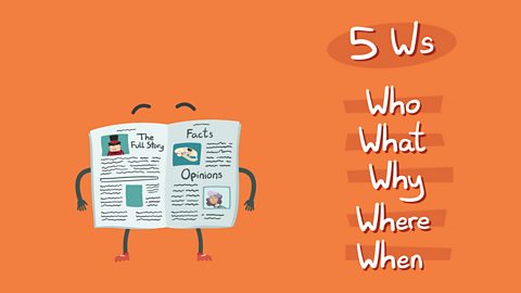 Newspaper character on orange background with the 5 w's listed