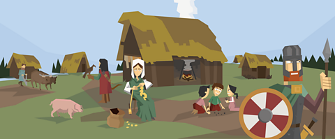 Cartoon of an Anglo-Saxon village