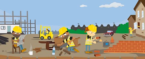 An animated image of builders working on a construction site