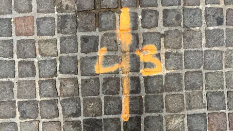 Jon Earle A marking indicating a buried fibre-optic cable belonging to Level 3 Communications, a major carrier of high-speed internet traffic (Credit: Jon Earle)