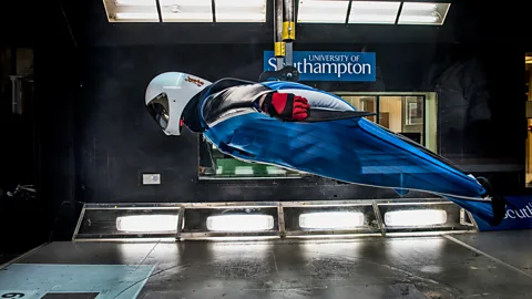 University of Southampton During the tests, the pilot is tethered into place in the wind tunnel (Credit: University of Southampton)