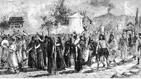 Alamy Jester figures attended ancient Roman funerals, as this image of a procession in Pompeii circa 50 AD shows (Credit: Alamy)