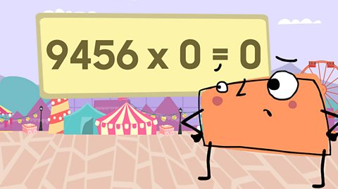 A rectangle character looking confused at the sum 9456 x 0 = 0