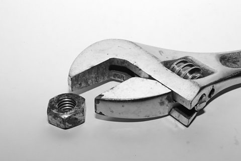 Photograph of a chrome adjustable spanner and a nut