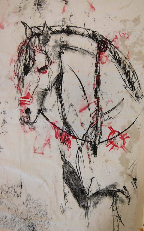 Student black and red monoprint of a horse