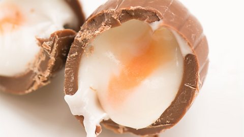 Close up of unwrapped Cadbury Creme Egg