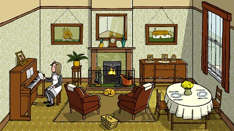 A girl sits at a piano in an old living room. It has pictures on the walls, a fireplace, tables and chairs and a mirror.