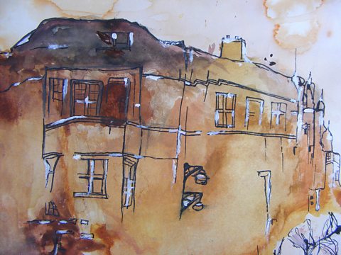 A painting made of brown yellow and orange watercolour with ink drawing of a house laid over the top