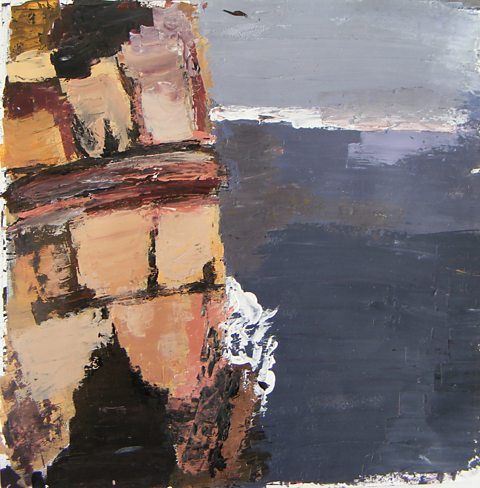 Student acrylic painting of a rock landscape made with a palette knife