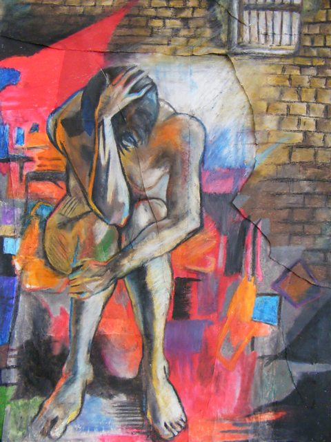 Student pastel painting figure against abstract colours and brick wall