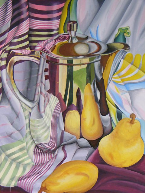 Still life painting of a shiny metal teapot and some pears arranged on colourful fabric