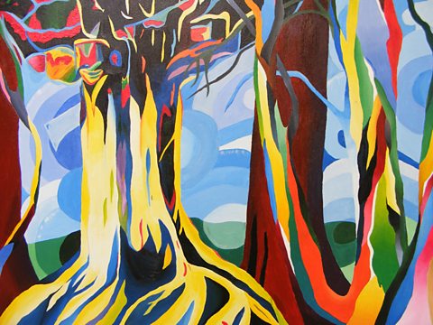 Colourful abstract painting of trees