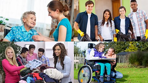 Montage image comprised of 4 examples of volunteering: a young woman caring for an elderly woman, teenagers collecting litter, young people sorting donations, young woman caring for a disabled child