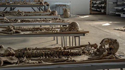 Andrew Testa/Panos Remains of people massacred during the Bosnian war are laid out on tables at the Krajina Identification Project in Sanski Most (Credit: Andrew Testa/Panos)