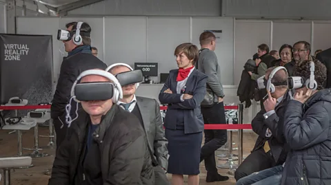 Anton Skyba Invited guests enjoy a virtual reality experience in the hospitality tent at the Chernobyl nuclear power plant (Credit: Anton Skyba)