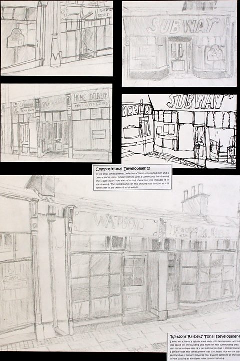 Pen and pencil studies of shops