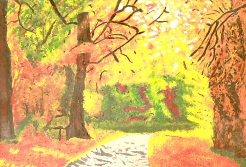 Oil pastel drawing of a woodland scene using bright oranges and greens