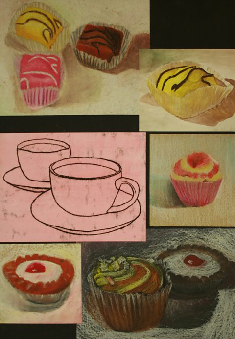 A series of studies of cakes in a variety of media.