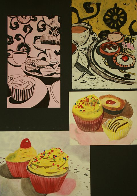 A series of studies of cakes in a variety of media