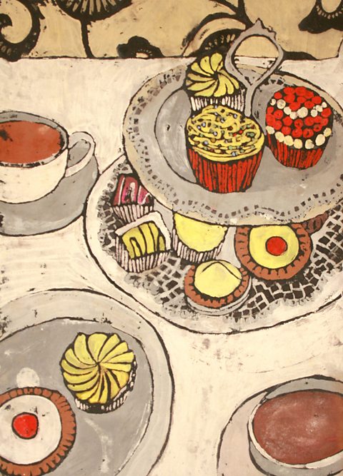 A paint study of a coffee table with cakes