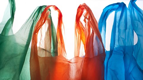 Red, green and blue plastic bags