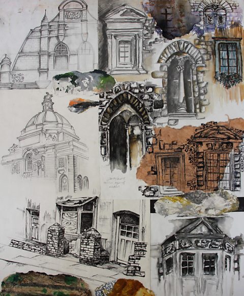 Student example of colour and monochrome studies in pencil, pen and ink and in wash showing building details