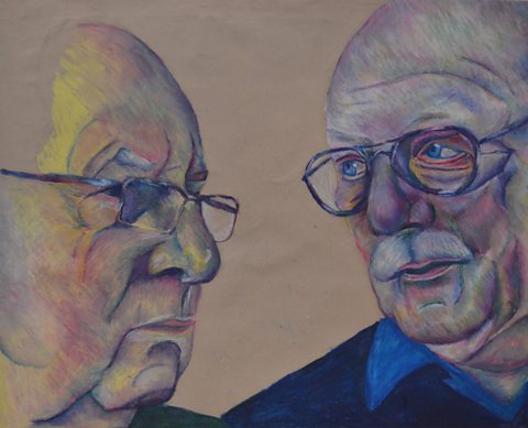 Student double pastel portrait of two old men