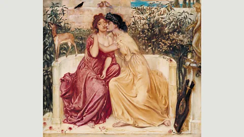 Tate Sappho and Erinna in a Garden at Mytilene, a watercolour from 1864, depicts the two female Greek poets in swooning embrace (Credit: Tate)
