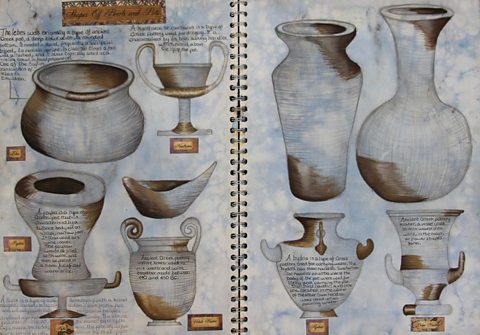 Student pen and ink wash pot studies