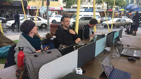 Manifold Coworking and Event Space The approaching New Zealand winter didn’t deter Graham Nelson from setting up an outdoor space – complete with wind and rain (Credit: Manifold Coworking and Event Space)