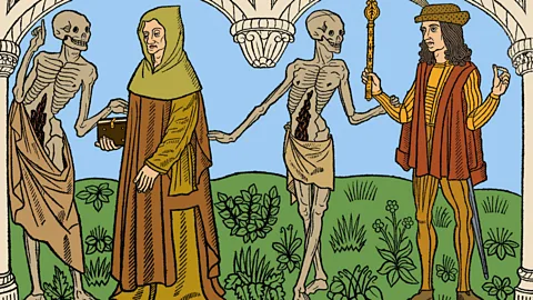 Alamy In the Middle Ages “there was this connection with death that people had then, that we don’t have today” – this is from a 1485 edition of the Danse Macabre (Credit: Alamy)